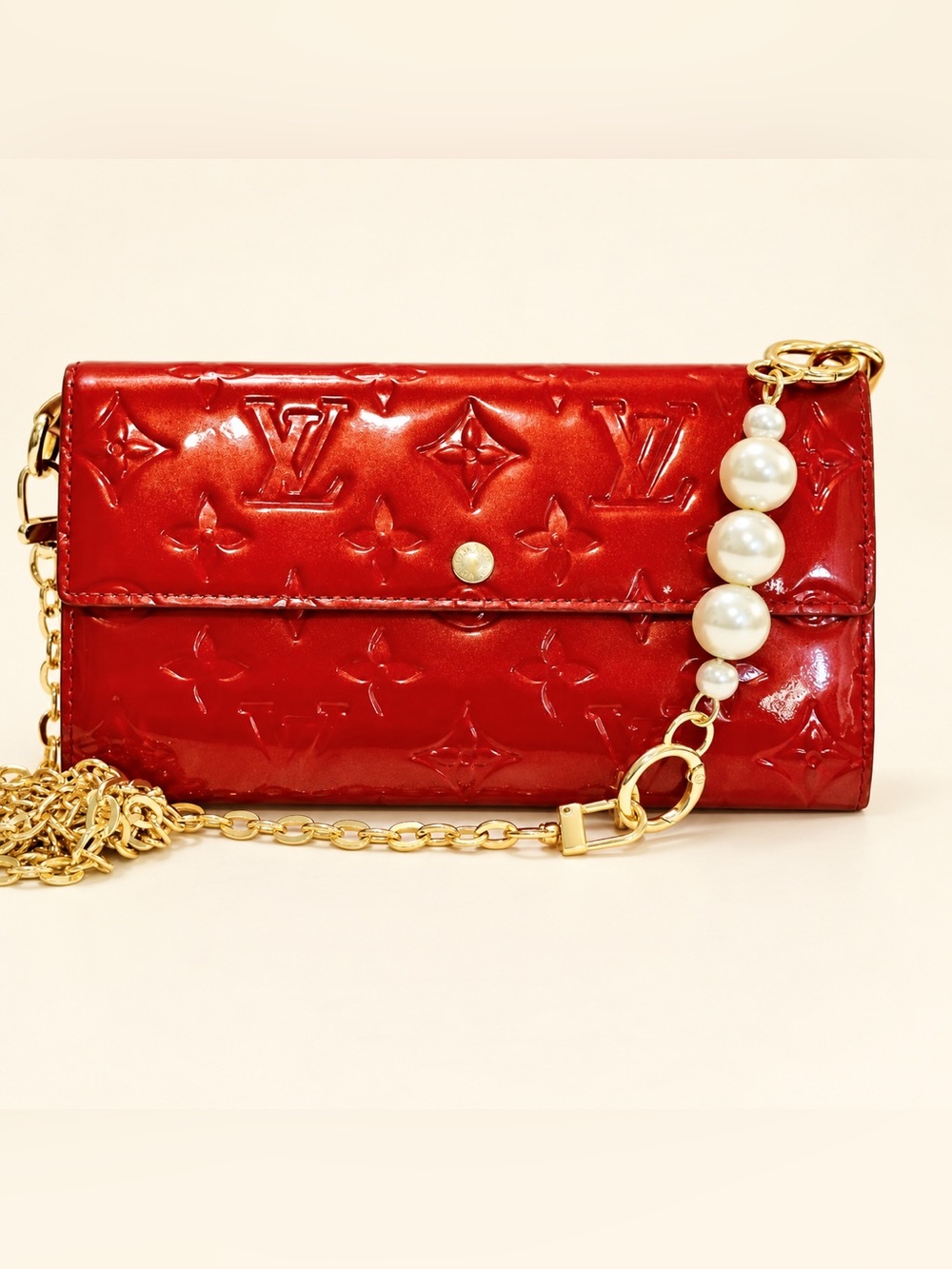 Louis Vuitton Red Monogram Vernis Long Wallet with Gold Chain
